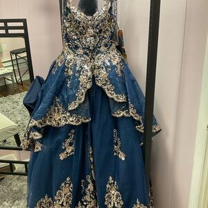 Rachel Allan Embellished Peplum Gown in Blue and Gold